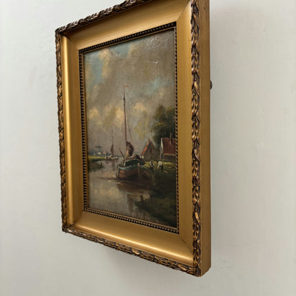 Antique Landscape Oil Painting "Sailboat Mast" Original Small Artwork Holland Art Shop