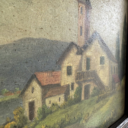 19th Century Antique Landscape Oil Painting "Lakehouse Tower" Small Artwork Holland Art Shop