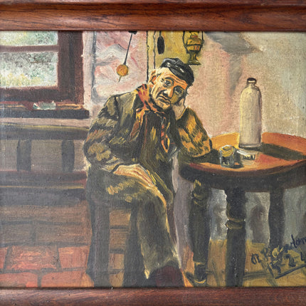 Remarkable Oil Painting Interior "Pensive Man" Original Small Art Holland Art Shop