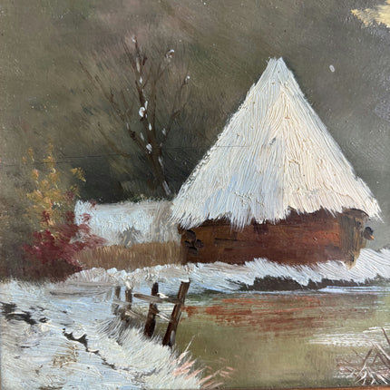 Original Winter Landscape Oil Painting "Snowy Cottage" Vintage Small Artwork Holland Art Shop