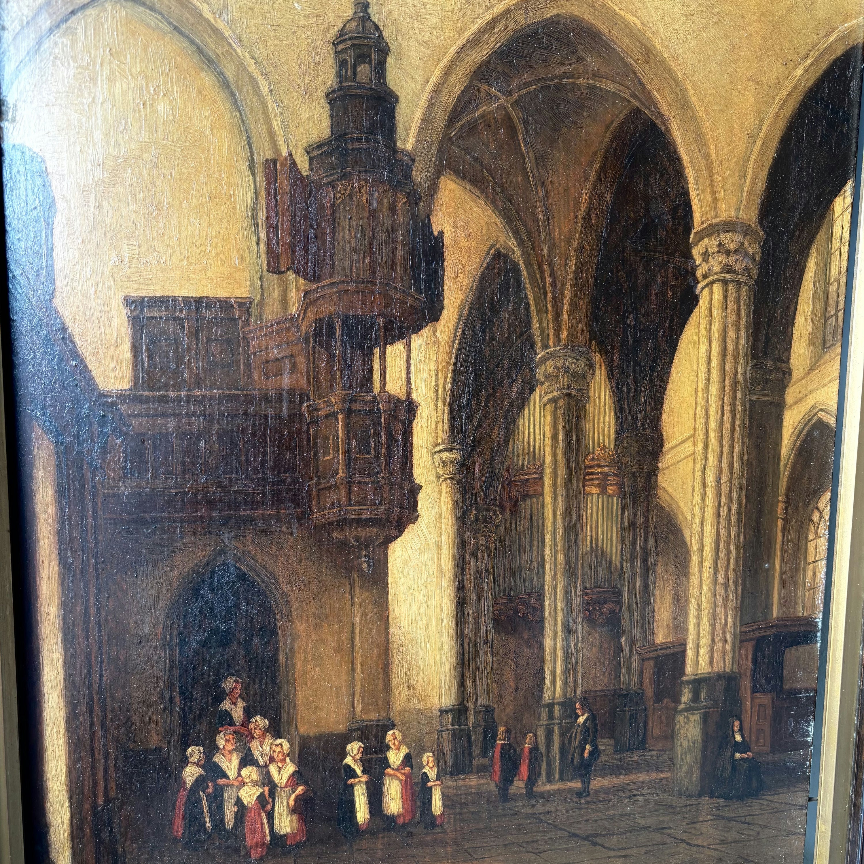19th Century Gothic Church Interior Columns Figures Light Antique Oil Painting