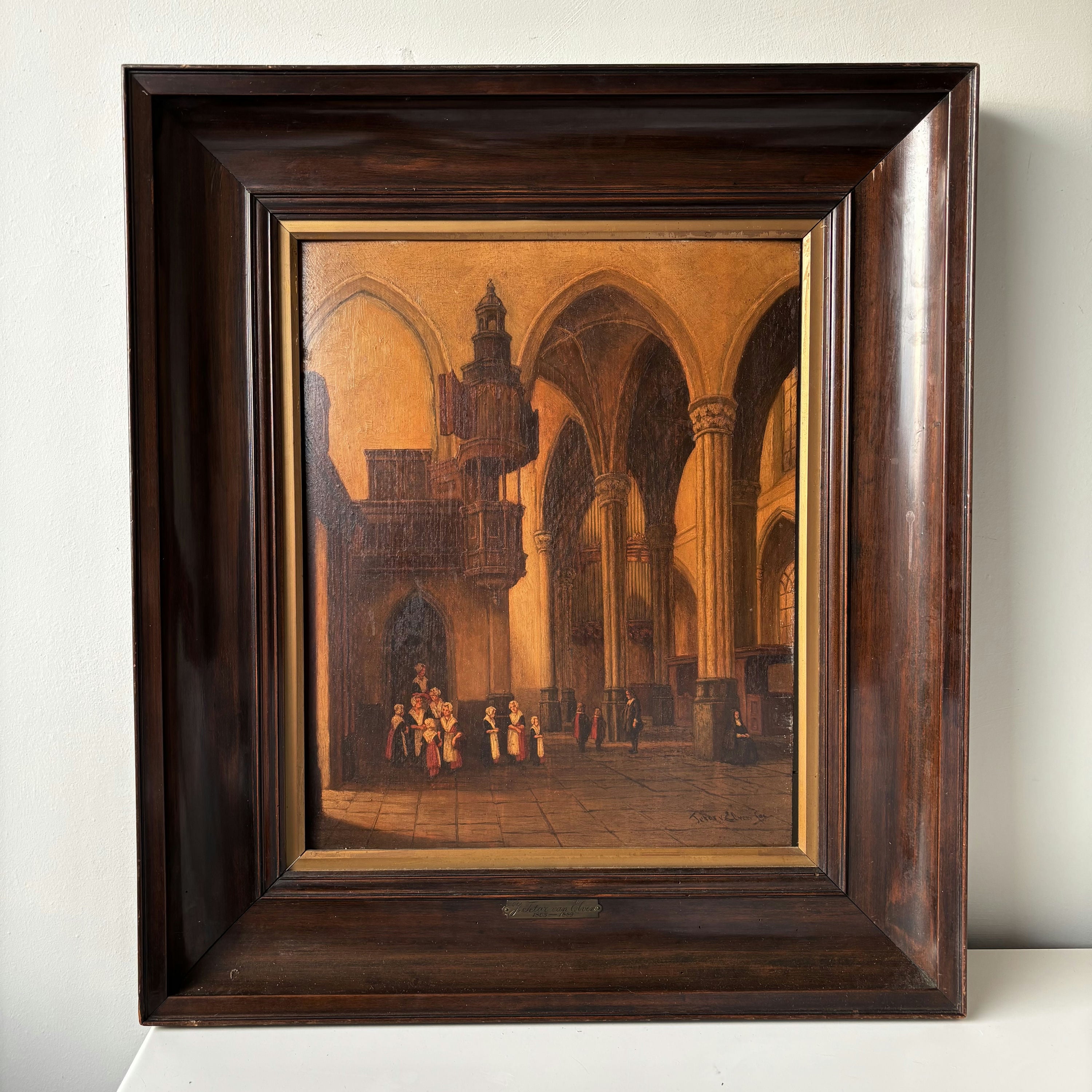 19th Century Gothic Church Interior Columns Figures Light Antique Oil Painting