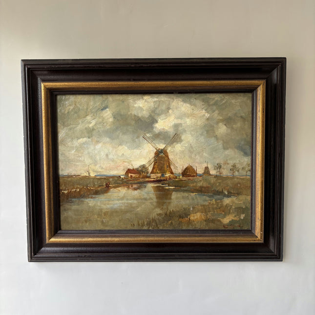 Detailed Landscape Oil Painting "Windmill Scene" Rustic Art Holland Art Shop