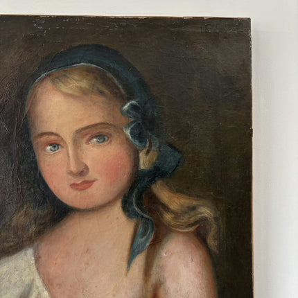 1885 Antique Portrait Oil Painting "Blue Ribbon Girl" Artwork Holland Art Shop