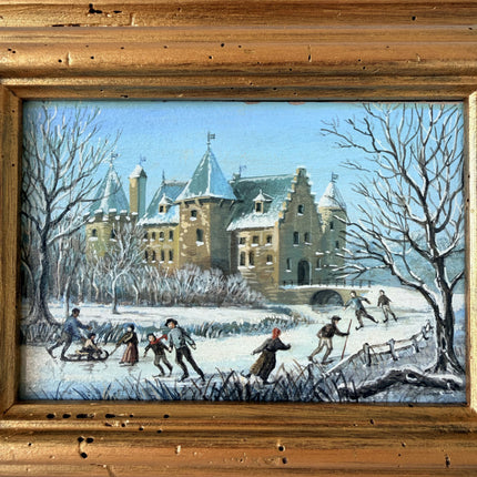 Striking Oil Painting Winter Landscape "Winter Playtime" Authentic Small Art
