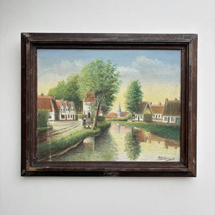 Vintage Cityscape Oil Painting "Village Canal" Traditional Artwork Holland Art Shop