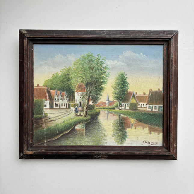 Vintage Cityscape Oil Painting "Village Canal" Traditional Artwork Holland Art Shop