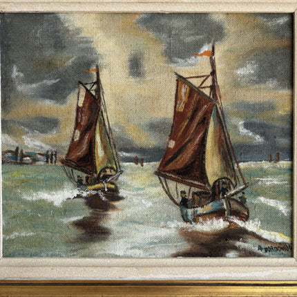 Expressive Seascape Oil Painting "Sailing Boats" Rustic Small Artwork Holland Art Shop