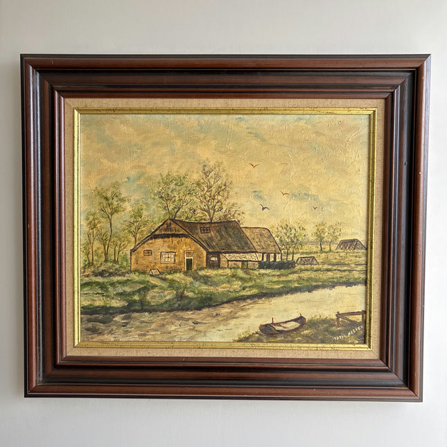 Classic Farm Oil Painting "River Boat" Vintage Art Holland Art Shop