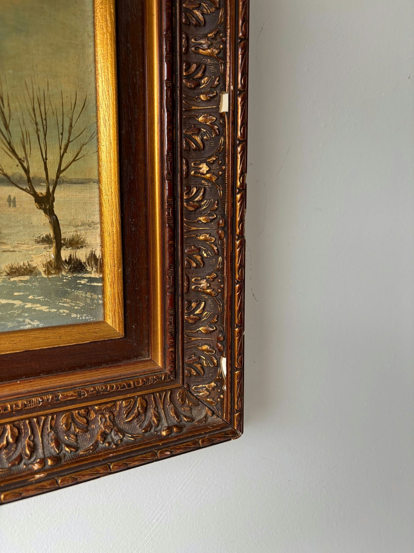 Vintage “Winter Skaters” Original Oil Painting Dutch Ice Scene Framed