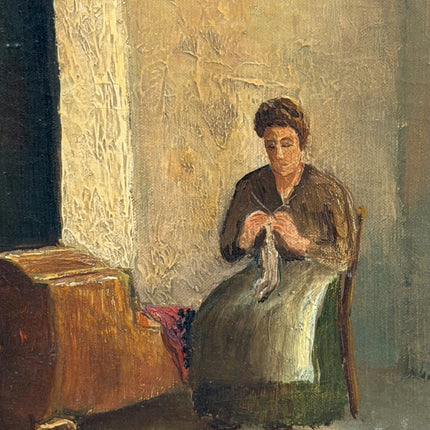 Elegant Interior Oil Painting "Knitting Woman" Detailed Art Holland Art Shop