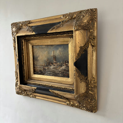 Antique Winter Landscape Oil Painting "Gilded Frame" Detailed Small Art Holland Art Shop