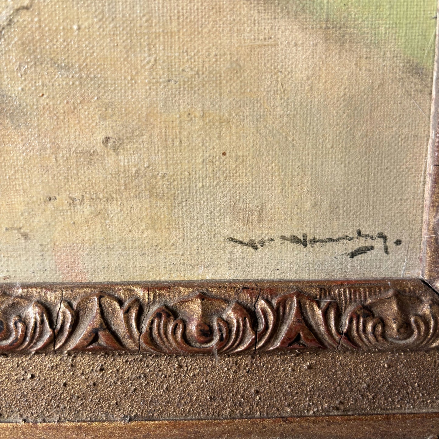 Antique Painted Village Cottage Trees Bridge Path Oil Painting Vintage Authentic