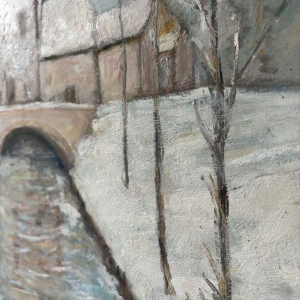 Vintage Winter Landscape Oil Painting "Snowy Bridge" Authentic French Artwork Holland Art Shop