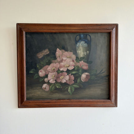 Authentic Floral Still Life Oil Painting "Pink Roses" Vintage Artwork Holland Art Shop