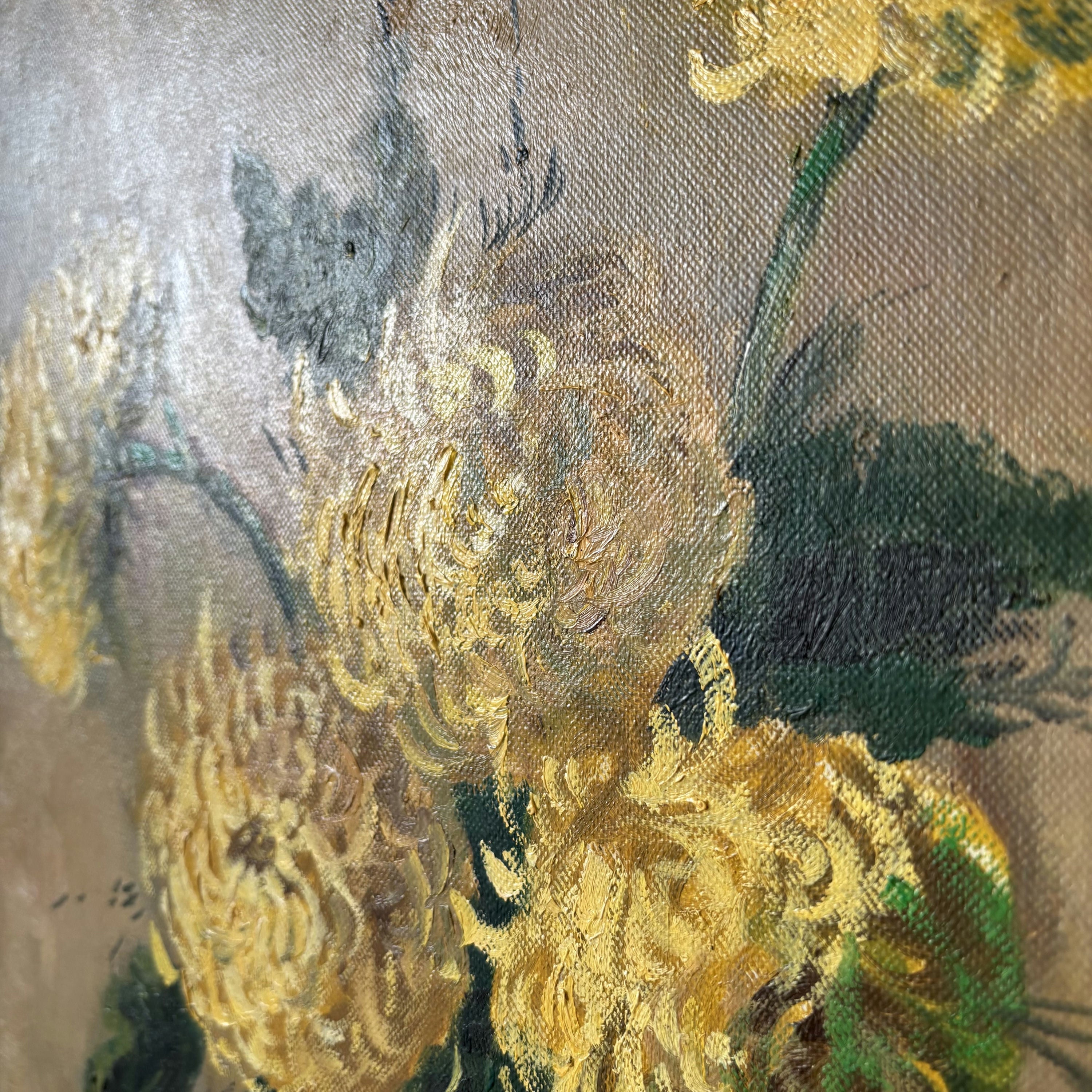 19th Century Elegant Yellow Chrysanthemums Red Pitcher Oil Painting Antique