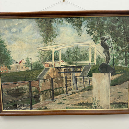 Refined Cityscape Oil Painting "River Lock" Vintage Large Art Holland Art Shop