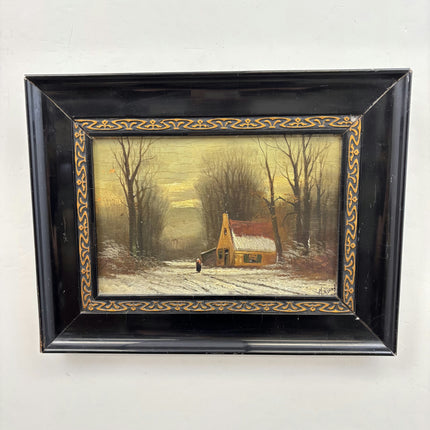 19th Century Antique Winter Landscape Oil Painting "Wooden Frame" Artwork Holland Art Shop