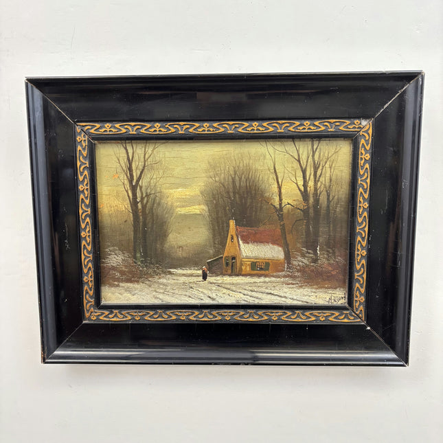 19th Century Antique Winter Landscape Oil Painting "Wooden Frame" Artwork Holland Art Shop