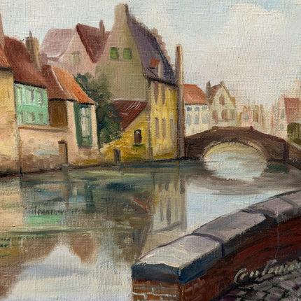 Vintage Cityscape Oil Painting "Canal Houses" Expressive Small Artwork Holland Art Shop