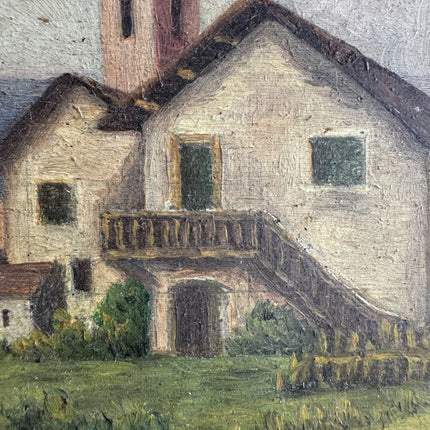 19th Century Antique Landscape Oil Painting "Lakehouse Tower" Small Artwork Holland Art Shop