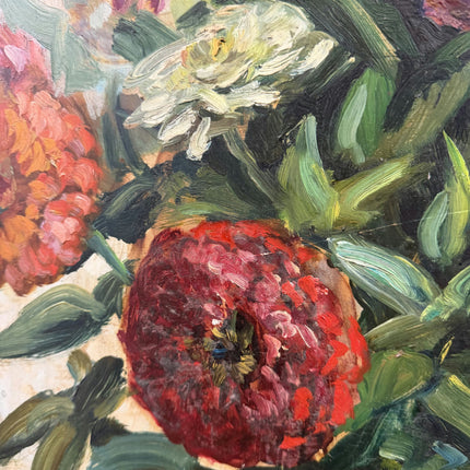 Elegant Floral Still Life Oil Painting "Zinnia Bouquet" Vintage Large Artwork Holland Art Shop