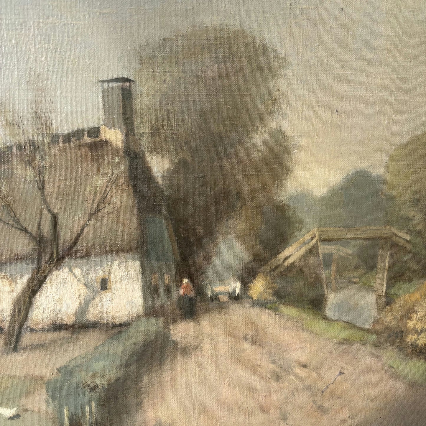 Antique Painted Village Cottage Trees Bridge Path Oil Painting Vintage Authentic