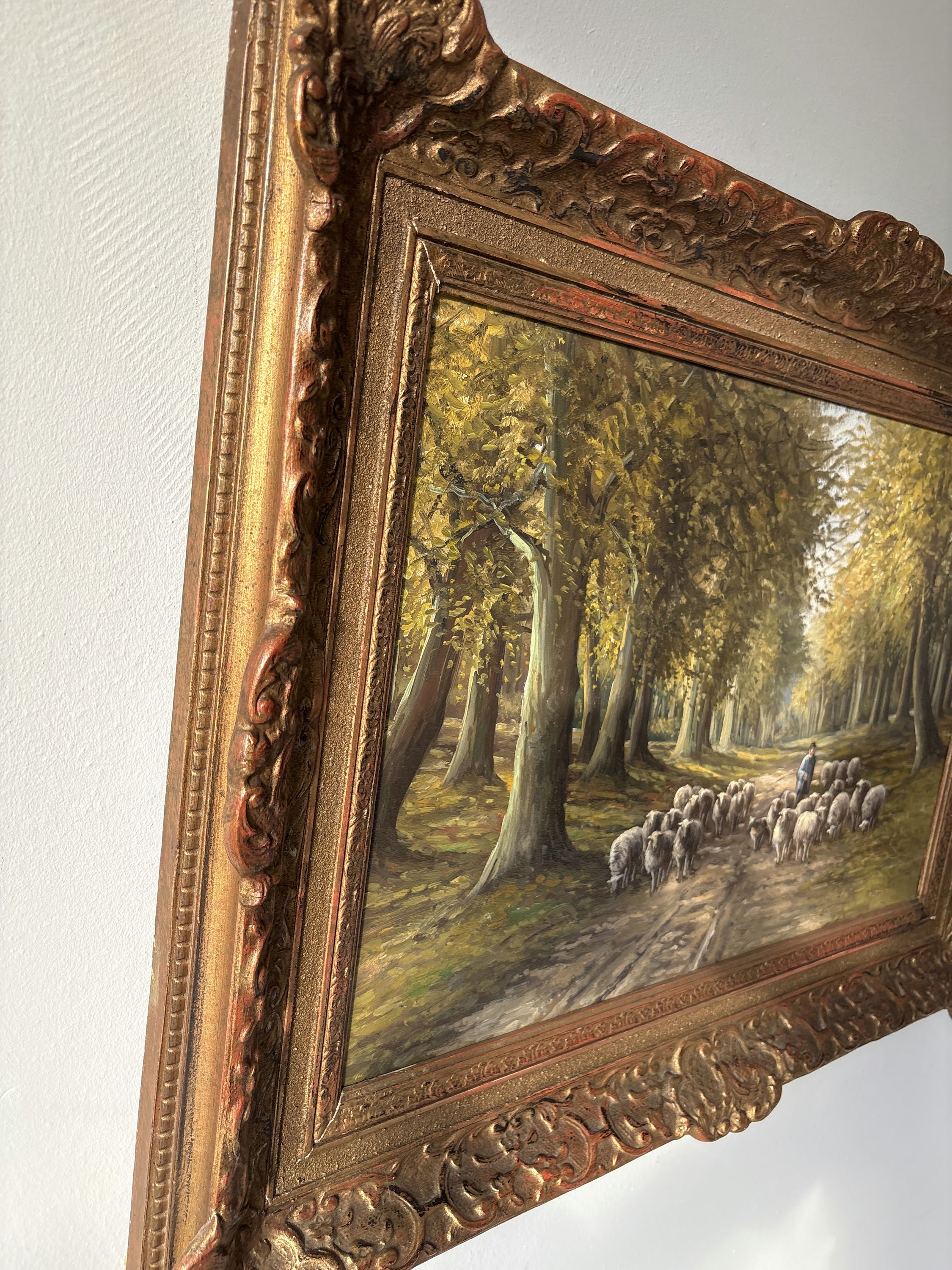 20th Century Vintage Autumn Forest Sheep Path Shepherd Oil Painting Authentic