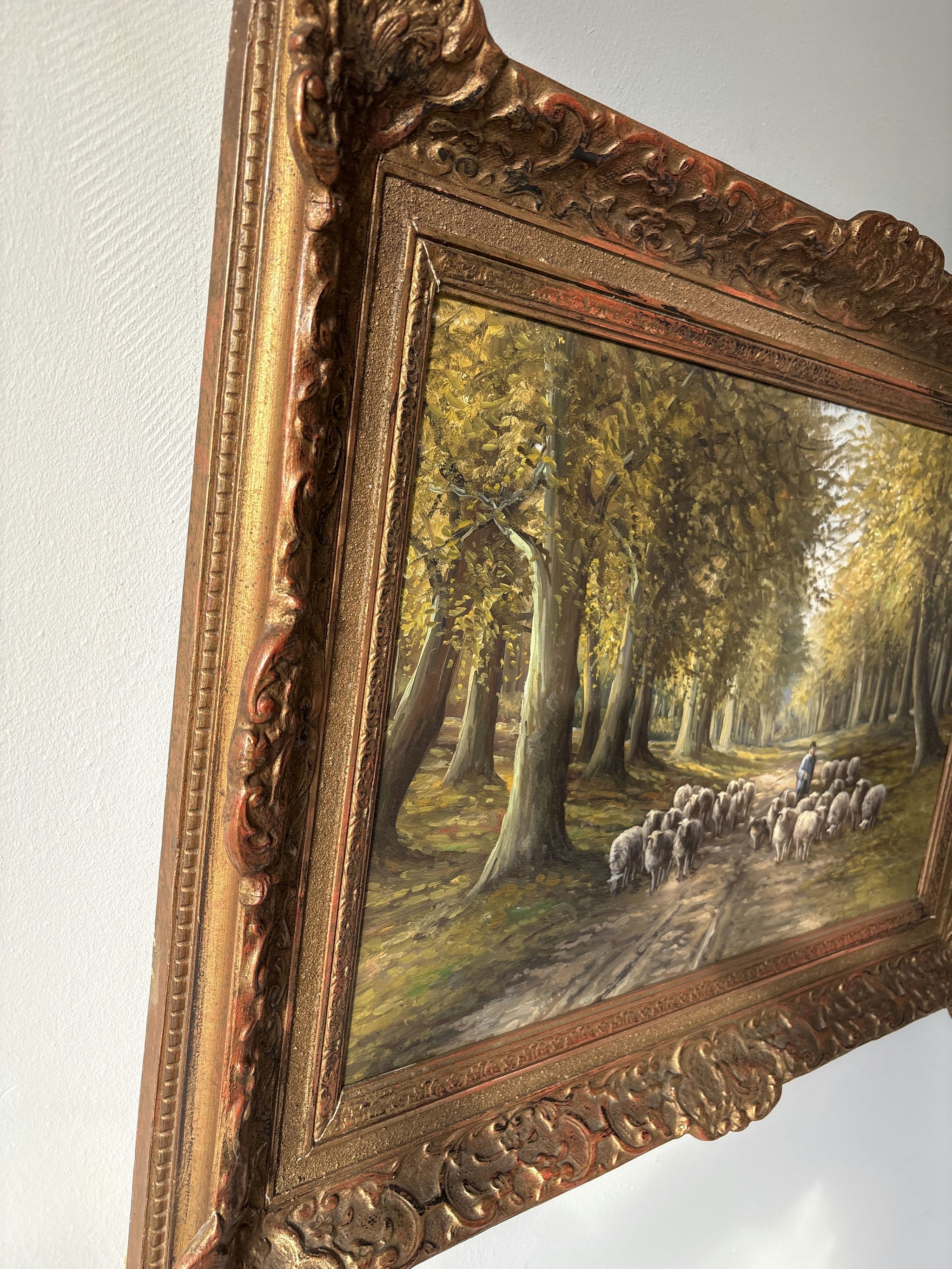 20th Century Vintage Autumn Forest Sheep Path Shepherd Oil Painting Authentic