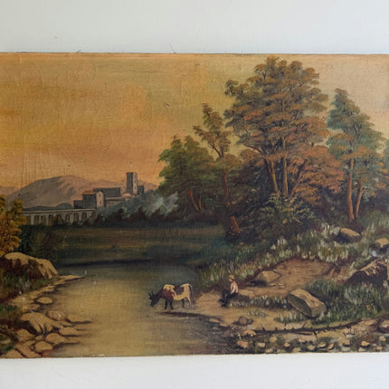 1916 Antique Landscape Oil Painting "Grazing Cow" Art Holland Art Shop