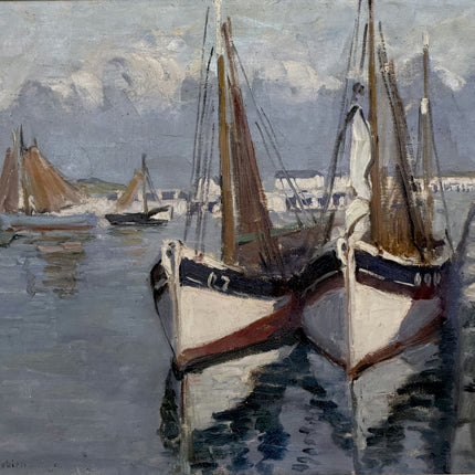 Expressive Harbor Scene Oil Painting "Fishing Boat" Vintage Large Artwork Holland Art Shop