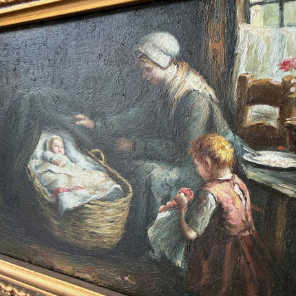 Classic Oil Painting Interior "Caring Grandmother" Vintage Small Art Holland Art Shop