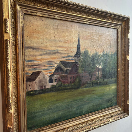1914 Antique Landscape Oil Painting "Village Church" Art Holland Art Shop