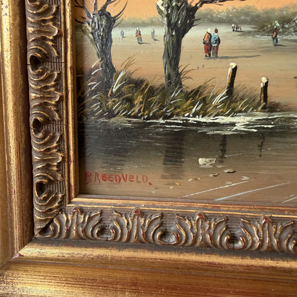 Vintage Oil Painting Winter Landscape "Ice Fishing Scene" Handcrafted Small Art Holland Art Shop