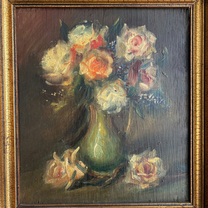 19th Century Antique Floral Still Life Oil Painting "Vase Flowers" Small Art Holland Art Shop