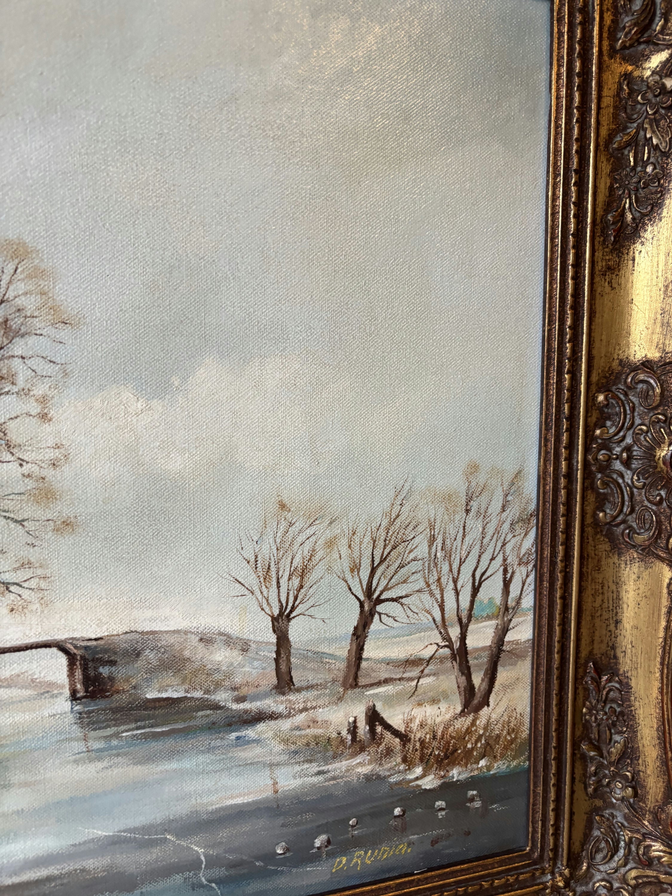 20th Century Riverside Winter Village Trees Bridge Oil Painting Vintage