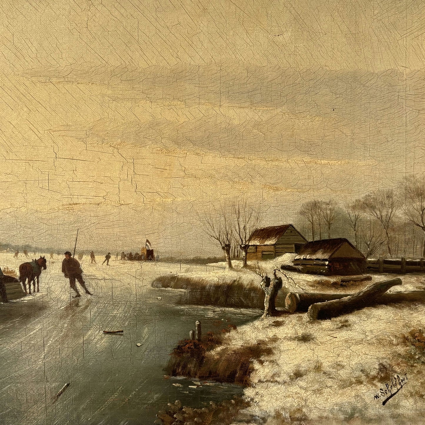 Fine Winter Landscape Oil Painting "Frozen River Scene" Remarkable Medium Art