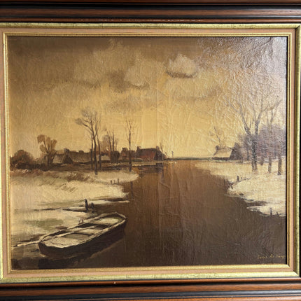 Refined Winter Landscape Oil Painting "Rowboats Calm" Classic Large Art Holland Art Shop