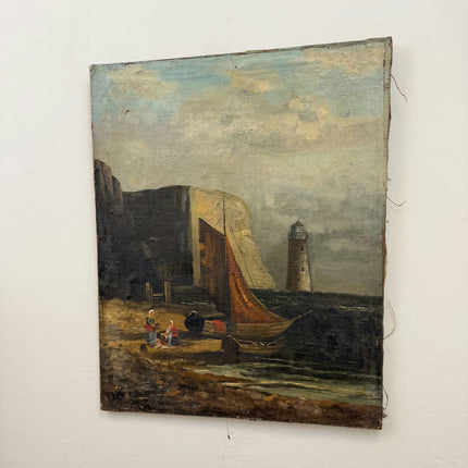 Antique Landscape Oil Painting "Harbour Lighthouse" Original Artwork Holland Art Shop