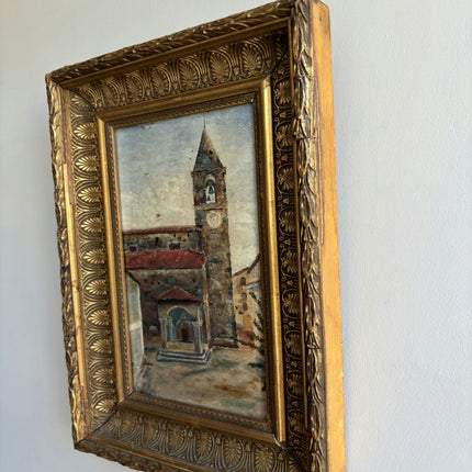 1896 Antique Cityscape Oil Painting "Bell Tower" Small Artwork Holland Art Shop