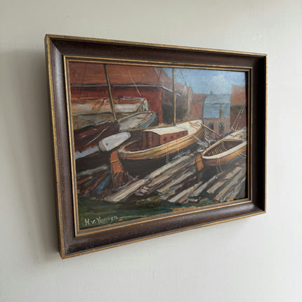 Expressive Harbor Scene Oil Painting "Rowboats Dock" Refined Artwork Holland Art Shop