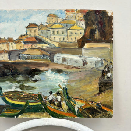 Vintage Cityscape Oil Painting "Fishing Boats" Rustic Small Artwork Holland Art Shop
