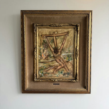 Rustic Religious  Oil Painting "Crucified Figure" Expressive Art Holland Art Shop