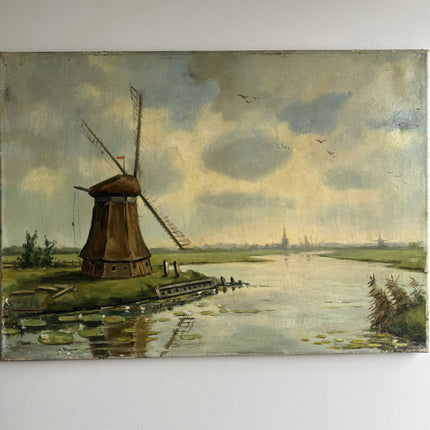 Handcrafted Landscape Oil Painting "Old Windmill" Vintage Artwork Holland Art Shop