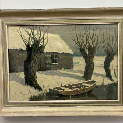 Refined Winter Landscape Oil Painting "Snowy Boat" Vintage Dutch Art Holland Art Shop