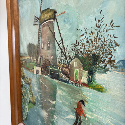 Fine Oil Painting Winter Landscape "Windmill Reflection" Handcrafted Large Art