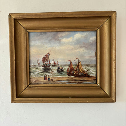 19th Century Antique Seascape Oil Painting "Fishing Boats" Small Art Holland Art Shop