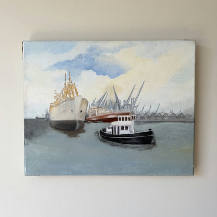 Handcrafted Seascape Oil Painting "Harbor Boats" Rustic Small Artwork Holland Art Shop