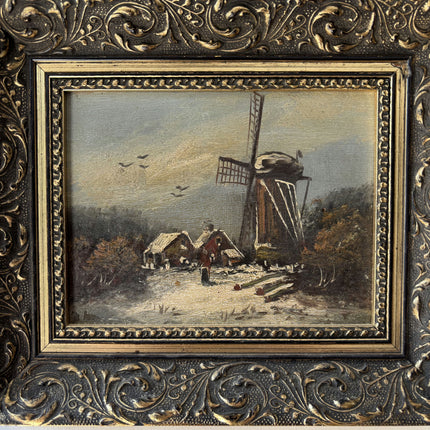 Refined Winter Landscape Oil Painting "Windmill Tower" Authentic Small Artwork Holland Art Shop