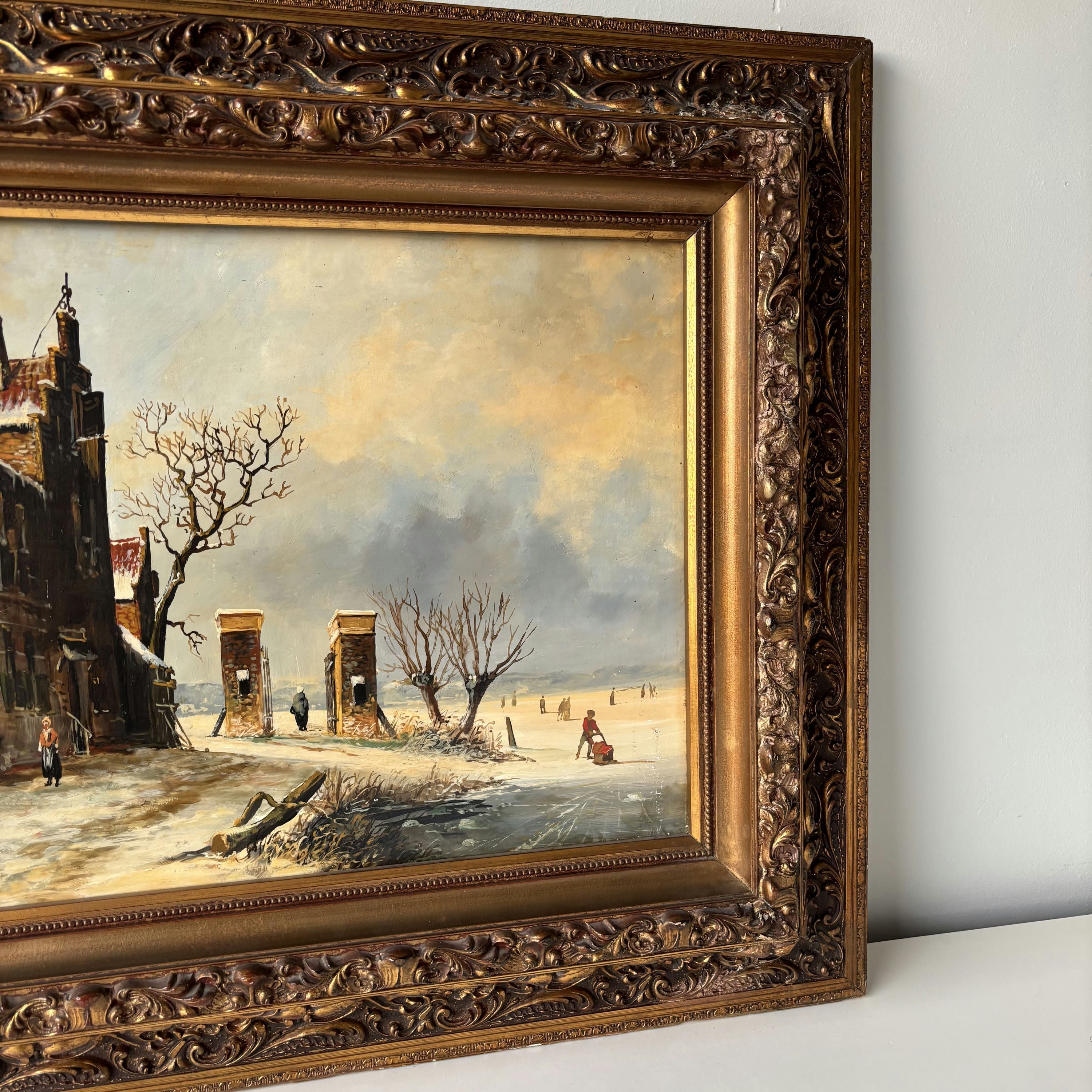 19th Century Antique Brick Building Snow Trees Skaters Oil Painting Authentic